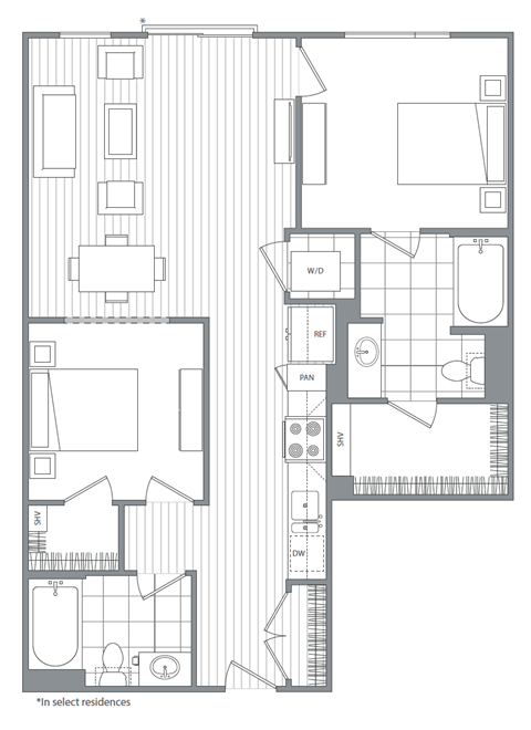 Floor plan for 2 beds, 2 baths, 956 sqft